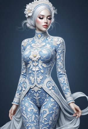 An exquisitely detailed illustration of a woman crafted entirely from delicate porcelain, standing in perfect balanced symmetry. Her form is adorned in intricate white and blue patterns, resembling the fine details of filigree, with her facial features meticulously sculpted, evoking hyperrealism and refined beauty. The scene is set in a comic book and grunge style fusion, capturing both elegance and intensity. The artwork showcases super HD quality, emphasizing the sharpness of every porcelain crack, shadow, and highlight. Rendered in the style of Hayv Kahraman, the composition embraces a fusion of realism and stylized grace, with a touch of mystery and sophistication