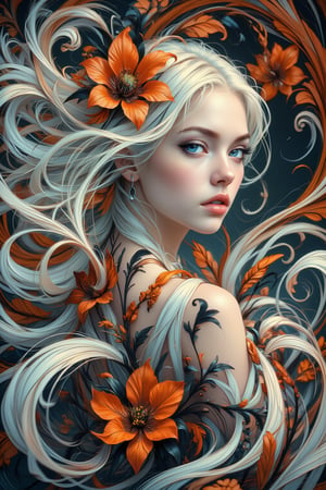 A (((full body shot))) of a (((stunning  albino woman))) whose white hair ((flows gracefully)), blending with the (((softly swirling petals))) of a (orange and black flower) that gently twirls around her form,  her eyes drawn with ultra-detailed long lashes, that captures the essence of natural beauty and elegance, close up 1.3. 