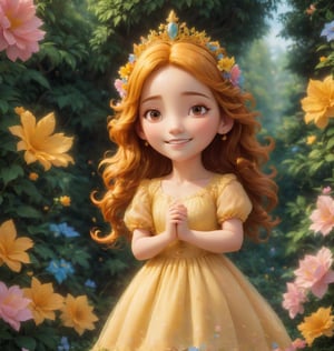 please create a princess, in a garden, with trees nad flowers all around, she is happy and carefree