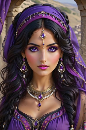 please create me a traditon al gypsy women, dressed in gyspy clotheer and adorned with jewellery, he black wavy hair is under purple headscarf, she is beauty of another kind