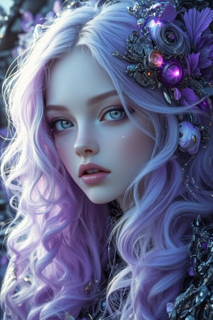 Airbrushing (Beautiful mystical allure) long swirling hair, smart, environment, Using airbrushing for art, often for smooth gradients, spray effects, or automotive art,1 girl,anime, light_purple_eyes