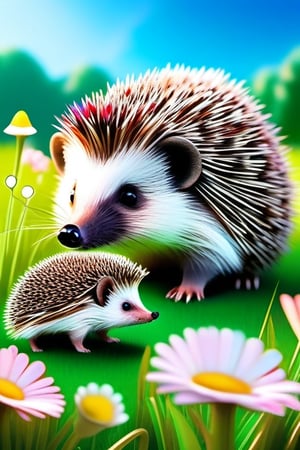 A cute family of hedgehogs, including Mum, Dad, and their four baby hedgehogs, walk across a lush grassy field. Little daisy flowers and blades of grass surround them, adding to the whimsical charm. In the background, vibrant flower gardens bloom, enhancing the picturesque and heartwarming scene,cute cartoon ,BugCraft,DonM1r0nF1l1ng5XL,glass art