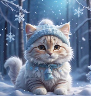 The cutest fluffy fantasy Disney Cats, wear colorful fluffy warm clothes and pale knitted hat background, it is snowing gently in moonlight reflections in the winter forest, swirls of snowflake particles fantasy snow, 8k,jinjianceng,made of snow,WINTER,disney style