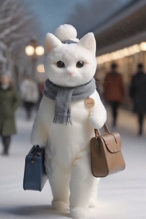 masterpiece, (photorealistic:1.4), 2 cats, walking, realistic, hat, ((holding)), standing, bag, scarf, blurry, coat, no humans, depth of field, blurry background, animal, cat, walking, realistic, beanie, winter clothes, ((UK style clothes)), animal focus, suitcase, clothed animal, falling_snow, at train station,zhibi,DonMSn0wM4g1cXL,made of snow