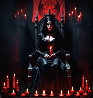 Dark Queen in her castle, candles burn all around, red banners with pictures of ddemons are on them ,darkart,DGQMGirl2XL,CharcoalDarkStyle,DonMQu4n7umZ3r0XL 