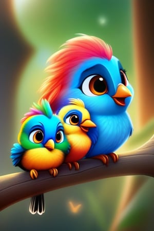a little fluffy rainbow coloured family of little birds are sitting on a branch ,Colors,disney pixar style,xuer shang dynasty,chibi
