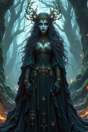 Create an image of a gothic female figure standing in a misty forest. She wears beautifully detailed traditional gothic clothing and has striking makeup. Surrealism style adds a whimsical touch, with upside-down trees and colorful shadows dancing around her.