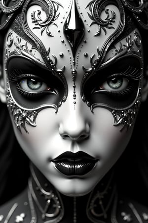 (Black and white, intricate details, close-up of a woman's face with an intricate design, 3DCGI anime fantasy artwork, necro, detailed patterned skin, abstract fragments, impressive eyes, mixed media, 3D rendering Silver painting, symmetrical beauty, ambient occlusion rendering, psytrance), Detailed Textures, high quality, high resolution, high Accuracy, realism, color correction, Proper lighting settings, harmonious composition, Behance works,ct-niji2,xxmix_girl,goth person