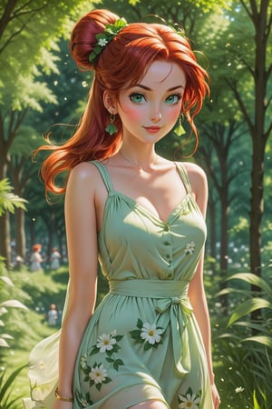 she is walking through a park that is surrounded by trees and gardens, she has a summer dress on, her red hair is in a bun on top of her head, her emerald green eyes sparkle in the sunshine, she has summer sandals on, sh 
 is beautiful, she is looking up, slight smile on her lips,   high defintion, highly detailed, serene, hayv kahraman style art