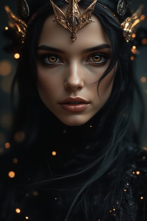 fashion shoot, beautiful goddess, perfect sweet face and eyes, , long blowing hair, Fantastic Realism and Sharp Focus, , Glowing Accents, fantasy art, watce, golden appear naturally, symmetrical, glowing crystals,Ceramic_Animal,goth girl,MidnightEmber,illustr3alFlux