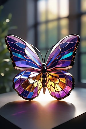 A bright purple butterfly, with intricate and vibrant patterns on its wings, is showcased against the backdrop of a leadlight window. The stained glass window features a mosaic of colors and designs, and the sunlight streaming through illuminates the butterfly, casting a radiant and enchanting glow throughout the scene.,glass shiny style