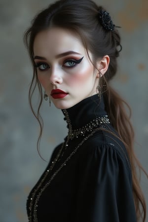 Depict a gothic female in minimalist fashion. She should wear traditional gothic clothing with classic makeup that enhances her beauty. Ensure the background is understated, allowing her to be the focal point of the artwork, radiating elegance and mystery.,FluxGothicRealnime