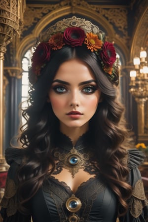 combine steampunk, gothic & boho to create the most beautiful lady,(( the background is an ornate room filled with ornate decorations and flowers)),Goth,dark boho,HZ Steampunk,(((Accurate eyes))),Photorealism:1.4,drkbh