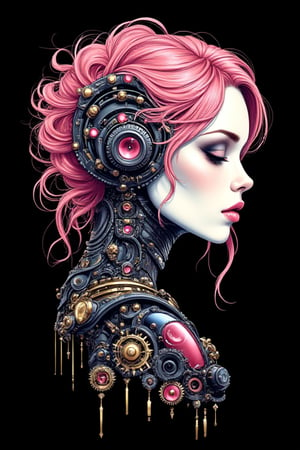 Futuristic Mechanical Elegance T-shirt design cyberpunk art, cute girl beautiful LADY, WHITE face, half body ILLUSTRATION with robotic steampunk design for old-school style tattoos, PINK HAIR, black BACKROUND, logo type , centred isometric,SteampunkElegance,cyborg,futuristic