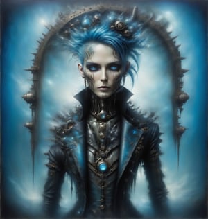 ((steampunk, gothic & cyborg combination, with vibrant blue)) ((full body shot)), ((black outfit)), ornate background, victorian era, unique looking, goth person,c1bo, steampunk,DonMB4nsh33XL ,island