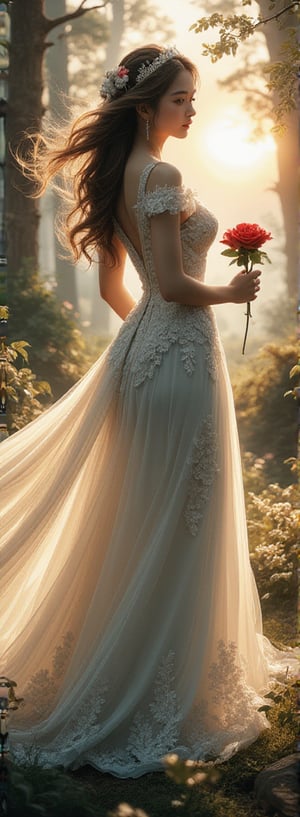 Wearing a gorgeous embroidered wedding dress, flowing like the wind. Her hair moves gently in the wind. A single rose she holds in her hand. Fantasy forest background with sun shine. The ink splatter effect creates a mysterious atmosphere, with ink droplets forming flower petals. 