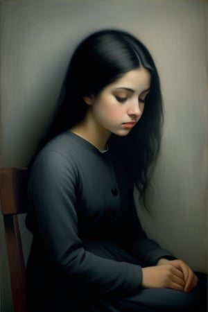 In this portrait, a young girl sits in a chair, her posture reflecting a deep sense of melancholy. She is seated with her knees drawn up in front of her, and her arms are wrapped tightly around her legs, as if seeking comfort and solace from within. Her head rests gently on her knees, her face partially obscured by her arms.
The girl's eyes are large and expressive, filled with a profound sadness that tugs at the heart. She looks up, her gaze directed towards something unseen, conveying a sense of longing or introspection. Her hair falls softly around her face, further framing her delicate features.
The background is simple and muted, allowing the focus to remain entirely on her. The lighting is soft, casting gentle shadows that enhance the depth of her emotions. The overall atmosphere of the portrait is one of quiet sorrow and introspective stillness, capturing a poignant moment of vulnerability and reflection.