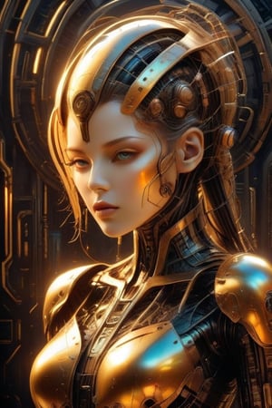 Please create a masterpiece, stunning beauty, perfect face, epic love, Slave to the machine, full-body, hyper-realistic oil painting, vibrant colors, Body horror, wires, biopunk, cyborg by Peter Gric, Hans Ruedi Giger, Marco Mazzoni, dystopic, golden light, perfect composition, col