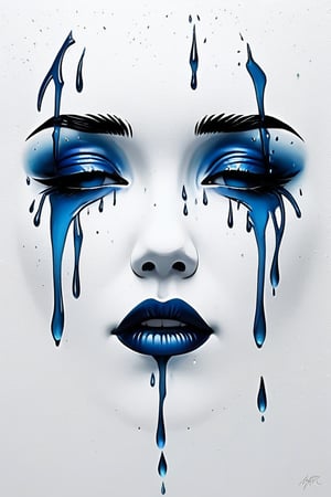 (A simple and elegant portrait depicting the silhouette of a woman crying blue tears on a pure white canvas.The outline uses only black and has a minimalist approach with only clean lines to convey deep feelings of sadness and melancholy. express), Detailed Textures, high quality, high resolution, high Accuracy, realism, color correction, Proper lighting settings, harmonious composition, Behance works,ct-niji2,xxmix_girl,goth person