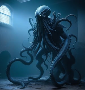 hyper-detailed,  photorealistic, ultra photoreal, cinematic shading Lovecraftian monster with tentacles standing in an abandoned, old, deteriorating large mansion with lots of spiderwebs, scary atmosphere, gloomy, blue tinted 
,zavy-hrglw