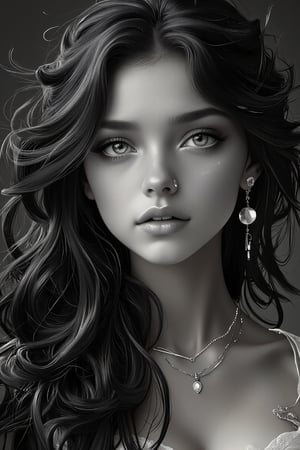 (1girl, solo, long hair, looking at viewer, closed mouth, monochrome, greyscale, earrings, lips, eyelashes, portrait), detailed textures, high quality, high resolution, high Accuracy, realism, color correction, Proper lighting settings, harmonious composition, Behance works,DonMD1g174l4sc3nc10nXL,photo r3al