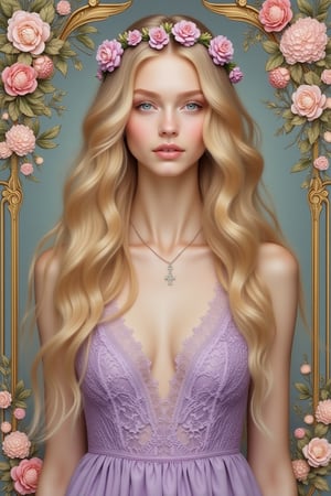 a beautiful young woman, long blonde hair, pale soft skin, lilac coloured lace dress, soft colors, background with flowers, intricate details, hayv kahraman style