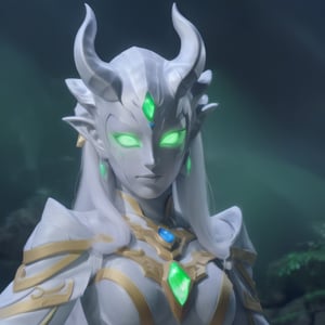 A stunning albino demon princess, dressed in her finest attire and jewelry, gazes at you with large, luminous green eyes. Her intricate horns rise majestically from her head, embodying nothing but perfection.
,viking,clorinde \(genshin impact\),glowing forehead,ultraman,photo of a transparent ghost