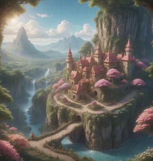 From a low aerial view, a fantasy  kingdom nestles in the heart of a magical forest, surrounded by blooming flower gardens, cliffs with stunning waterfalls, all contributing to the village's vibrant and joyful ambiance.