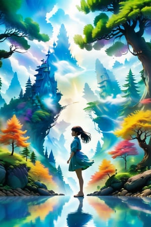 Silhouette of a girl in a scenery of a magical world, fantastic scenery of another world, close-up, double exposure, white background, vibrant colors, Studio Ghibli, StdGBRedmAF, lineart