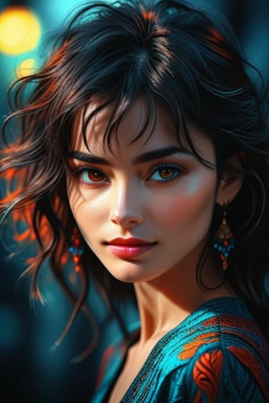  portrait in expressive style of a ripe attractive, dark hair, dark eyes, a wry smile,mysterious lady, 3/4  view, vivid dark palette,  intricately detailed and textured and shaped,  detailmaster2,  high_resolution,  high colour contrast, moody lighting,  ultra quality ,drawing with pastels,perfect eyes