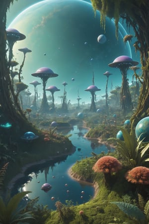 an alien planet, covered in alien plants and trees, alien little bugs,also alien beings