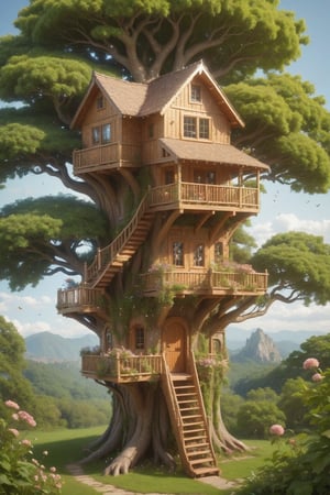 create an image of a big tall bushy  treehouse, there are windows and doors, a winding staircase windfs up the side of the tree, there are little flower gardens around and grass ,glitter,treehouse