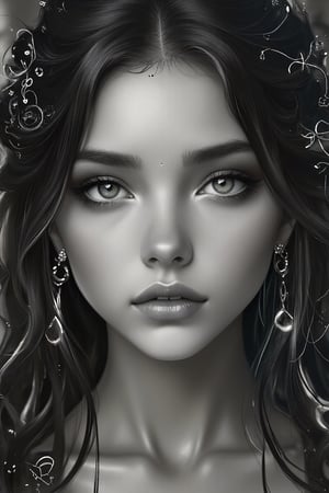 (1girl, solo, long hair, looking at viewer, closed mouth, monochrome, greyscale, earrings, lips, eyelashes, portrait), detailed textures, high quality, high resolution, high Accuracy, realism, color correction, Proper lighting settings, harmonious composition, Behance works,DonMD1g174l4sc3nc10nXL,photo r3al