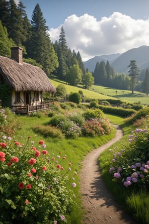 an amazing stunning landscape in a wild flower garden, an old country cottage 