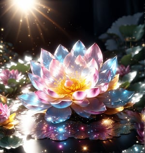 The camera is focused on a clear glass round window. In the center of the window is a fully open lotus flower, illuminated by the sun, making the flower gleam beautifully,glass shiny style,DonMM4g1cXL ,glitter,SelectiveColorStyle