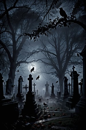 A haunted cemetery, late at night, enveloped in mist, with dark shadows lurking, crows perched in the somber trees, and ghosts present all around.