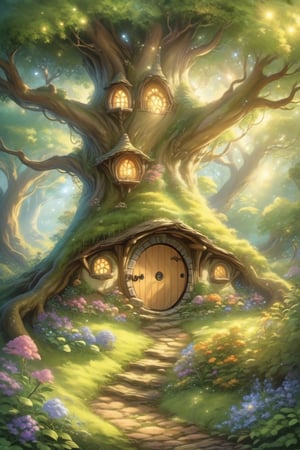 A whimsical scene unfolds as the camera captures the serene atmosphere of an enchanted forest. Amidst the lush green foliage and sunlit trees, a charming hobbit-style dwelling nestles cozily into the nook of a massive tree trunk. Smoke lazily billows from the chimney, carrying the scent of warmth and comfort. Steps lead up to the round door, inviting viewers to enter this mystical realm, 10 degree wide angle, movie still,