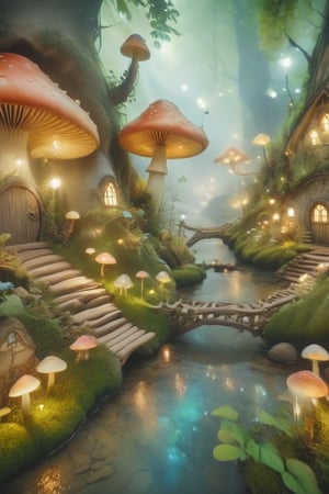 Envision a whimsical, magical mushroom village where little fireflies dance in the air and adorable fairies dwell.,fairytale,Fairy