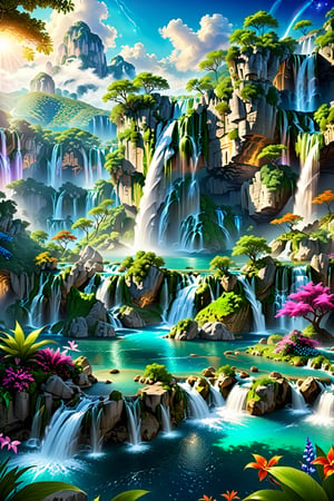 cretae me a magical fantasy landscape, with waterfalls