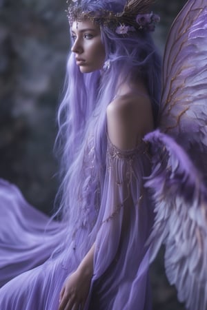 Fantasy,Mythology,boho,woman,long,flowing purlple hair,wings,adorned with jewels ,lilac silk dress flows in the wind,otherwordly,mythical.hyper-realistic,hyper-detailed,cinematic,dramatic.