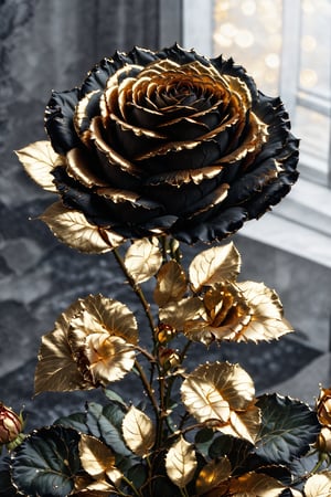a bunch of roses with an open flower ,Gold Edged Black Rose,glass shiny style,Stained glass
