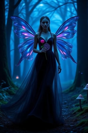 In a dark, enchanted forest illuminated by a mystical blue glow, a powerful and mysterious fairy stands gracefully. She has iridescent wings with shades of blue and purple, which shimmer in the low light, stretching elegantly behind her. She wears a flowing black dress adorned with a pentacle at the waist, symbolizing her connection to magic and nature. Her long, dark hair is braided. Holding a rose her hands, she looks forward with an intense, captivating gaze. Small, ethereal fairies flutter around her, adding to the magical ambiance. The forest floor is dotted with mushrooms, and the air is thick with enchantment