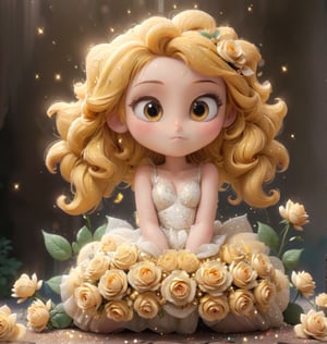 create me an adorable little bride, with a bunch of cute little yellow roses , ,disney pixar style,glitter,chibi,ANIME GIRL,3D