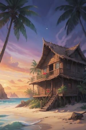 close up angle of, a serene tropical sandy beach, wavy wave, palm trees, beach vaggies, shall and plant, and boat, ((zoom focus on boat)), old simple rustic old wooden house, sunset background, detailed background, surrounded by jungle, insect, detailed focus, deep bokeh, beautiful, dark cosmic background. Visually delightful , 3D, more detail XL,chibi,2d game scene,painted world