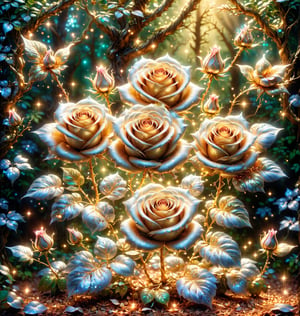 Create a stunning, perfect rose bush with flowers of gold and silver  in an enchanted forest.
