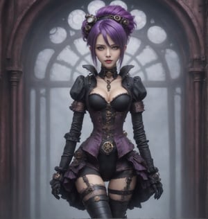 ((steampunk, gothic & cyborg combination, with purple hair)) ((full body shot)), ornate surroundings, victorian era, unique looking, goth person,c1bo,ANIME GIRL