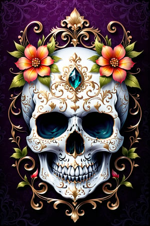 fantasy  skull, adorned with filigree and flower decorations.