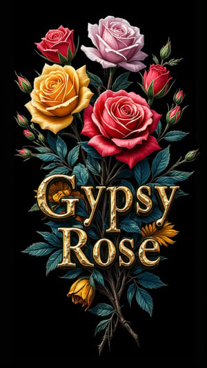 Logo badge. Design gothic font style logo that features colourful roses of different colours Position the text 'Gypsy-Rose Nz' i The color scheme should prominently feature gold, along with vibrant colors for the flowers to make the logo stand out.