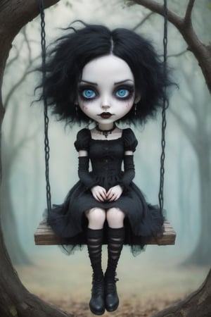 image of a women sitting on an old swing, the swing is hanging of a thick tree branch  she has bright blue eyes, she has black wavy shoulder length hair, she has light gothic make up, she has earrings and a nose ring, she is perfect and beautiful, she has a cheeky smirk,goth girl,goth person,more detail XL