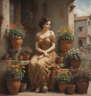 create an  unique looking lady withflower pots,  flowers in thebackgorund 